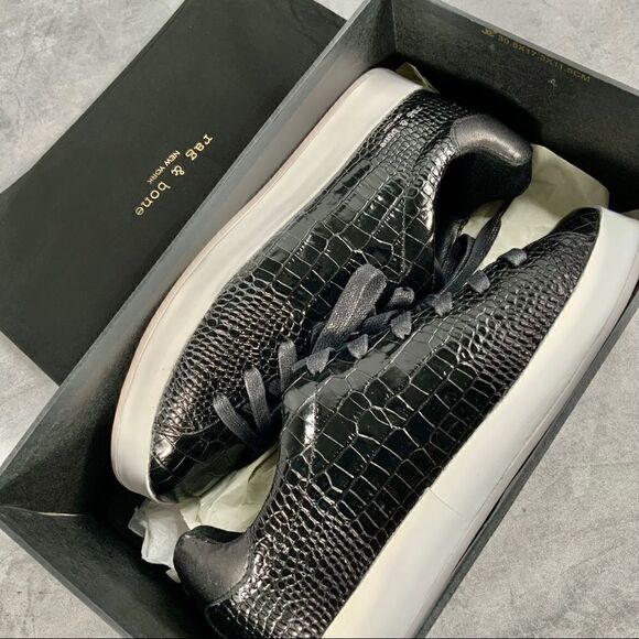 RAG AND BONE RB1 LOW PLATFORM SNEAKERS BLACK CROCODILE EMBOSSED LEATHER SIZE 7.5 - Picture 15 of 16
